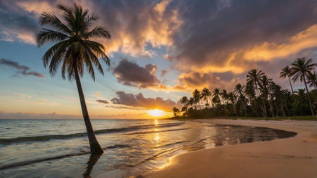 Palm trees on a tropical beach at sunset in the tropicsの写真素材