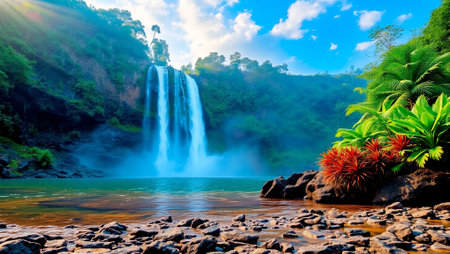 Beautiful waterfall in the tropical forest. Panoramic view.の写真素材