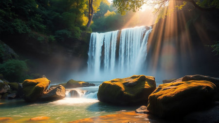 Beautiful waterfall in the green forest with sun rays. Nature backgroundの写真素材
