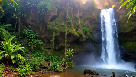 Beautiful waterfall in tropical forest. Waterfall in the jungle.