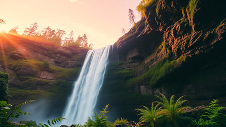 Tropical waterfall in forest at sunset. Nature landscape background.の写真素材