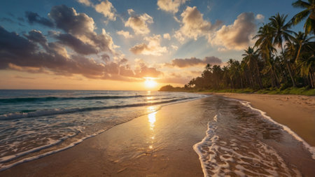 Panoramic view of the beach at sunset in Sri Lanka.