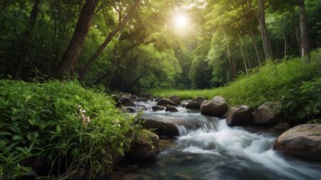 Stream in the forest. Nature background. River in the forest.の写真素材