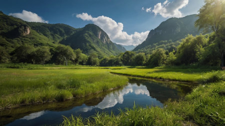 Mountain landscape with river and green meadow under blue sky.の写真素材