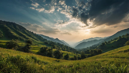 Landscape of the mountains in the morning with sun rays and cloudsの写真素材