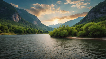 Beautiful summer landscape with river and mountains in the background at sunsetの写真素材