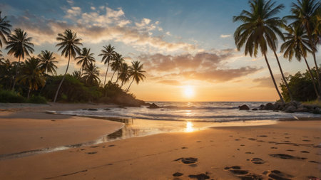 Beautiful tropical beach with coconut palm trees at sunset in Sri Lankaの写真素材