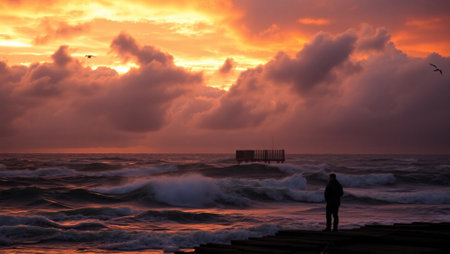 Sunset at the beach of the sea with a man watching the wavesの写真素材