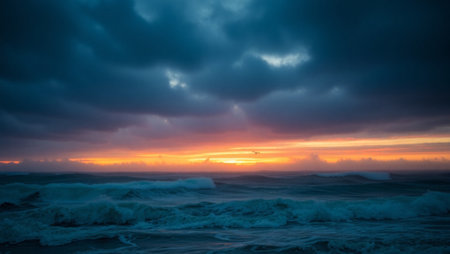 Beautiful sunset over the ocean with clouds and waves in the foregroundの写真素材
