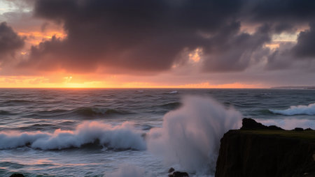 Dramatic sunset over the sea with waves crashing on the rocks