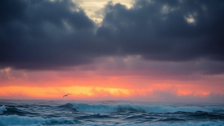 Beautiful seascape with waves and seagulls at sunsetの写真素材