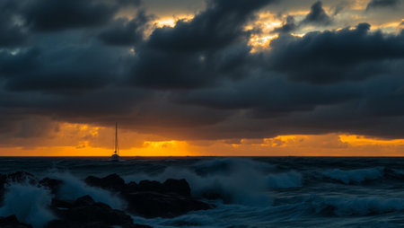 Sunset over the ocean with dramatic clouds and a sailboat.