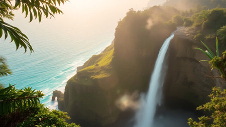 Beautiful waterfall on the island of Nusa Penida, Indonesiaの写真素材