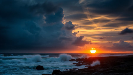 Dramatic sunset over the Atlantic Ocean in Tenerife Canary Islands Spainの写真素材
