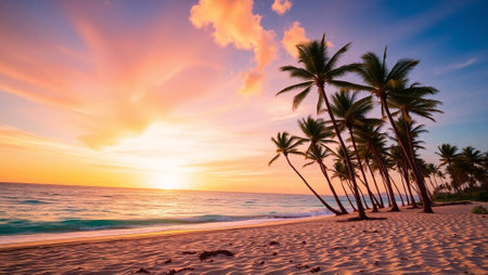 Coconut palm trees on the tropical beach at beautiful sunset timeの写真素材