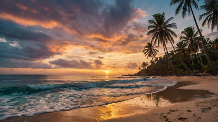 Tropical beach with palm trees at sunset, Sri Lanka.の写真素材