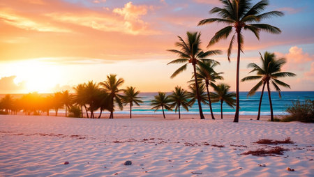 Palm trees on the beach at sunset. Beautiful tropical background.の写真素材