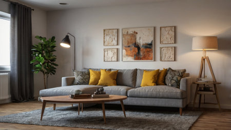 Modern living room interior with sofa, coffee table and pictures on wallの写真素材