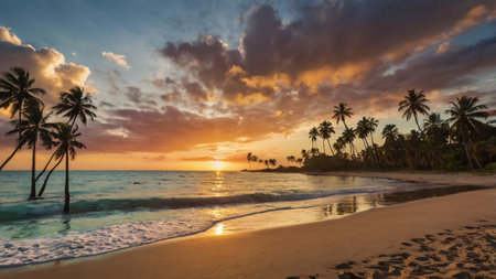 Beautiful sunset on a tropical beach with palm trees and sand.の写真素材