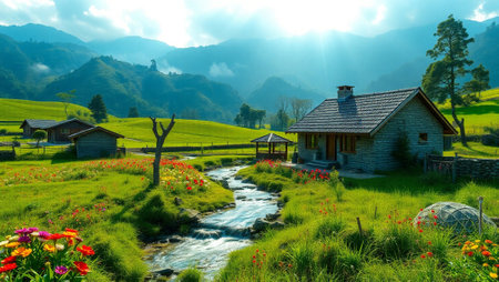 Landscape of rice terraces with small house and small stream in the morningの写真素材