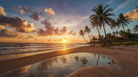 Tropical beach with coconut palm trees at sunset, Sri Lankaの写真素材