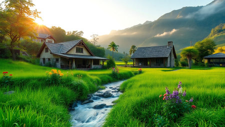 Rice field and old house in the countryside at sunset, Chiang Mai, Thailandの写真素材