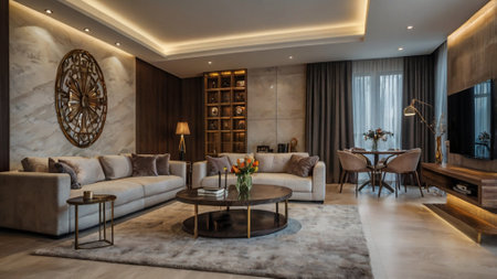 Luxury living room interior with sofa, coffee table and bookcase