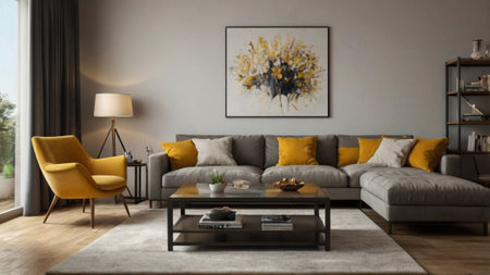 Interior of modern living room with sofa and armchair 3D rendering
