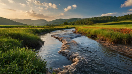 Summer landscape with a river in the Carpathian Mountains, Ukraineの写真素材