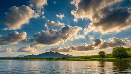 Sunset on the lake with clouds and mountains in the background.の写真素材