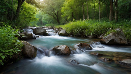 Stream in the forest. Natural landscape with a stream in the forest.の写真素材