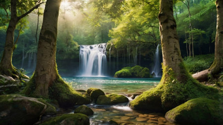 Waterfall in deep forest at summer. Beautiful waterfall in deep forest.の写真素材