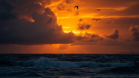 Beautiful sunset over the sea with a flock of seagulls
