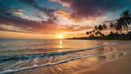Beautiful sunset on the beach with palm trees and sea waves.の写真素材