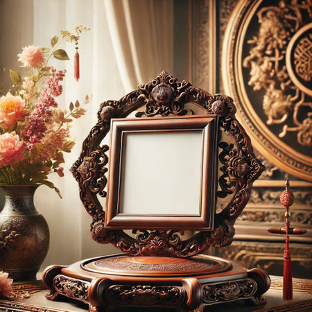 Vintage photo frame on the background of the interior. 3d renderingの写真素材