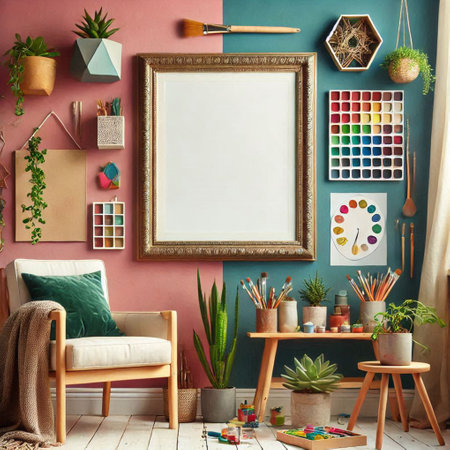 Interior of living room with mock up poster frame, armchair, painting tools and plants. 3d renderの写真素材