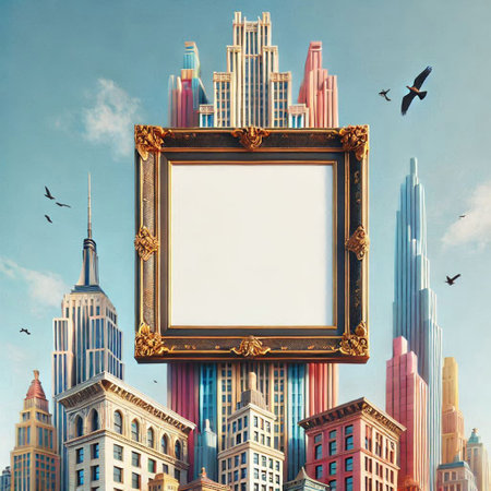 Blank photo frame on skyscrapers background. 3D renderingの写真素材