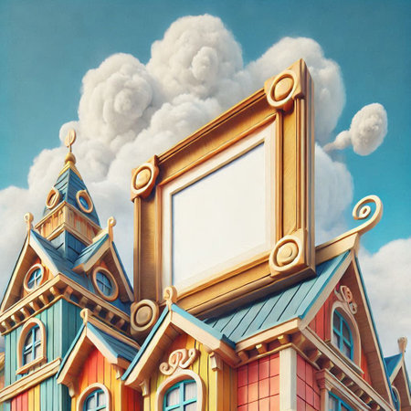 Wooden toy house with blank photo frame on the sky background.