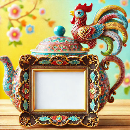 Vintage teapot with rooster and frame on wooden table