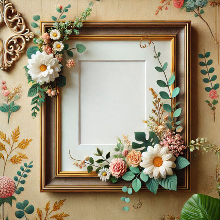 Vintage frame with flowers and leaves on vintage wallpaper. Flat lay.の写真素材