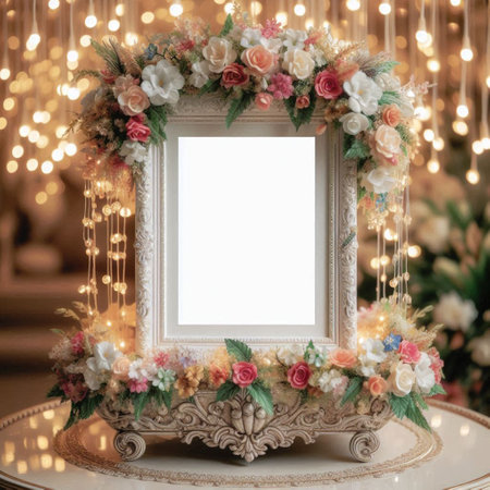 Wedding photo frame decorated with flowers and bokeh lights