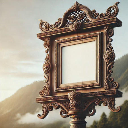 Wooden picture frame on the background of the mountains. Vintage styleの写真素材