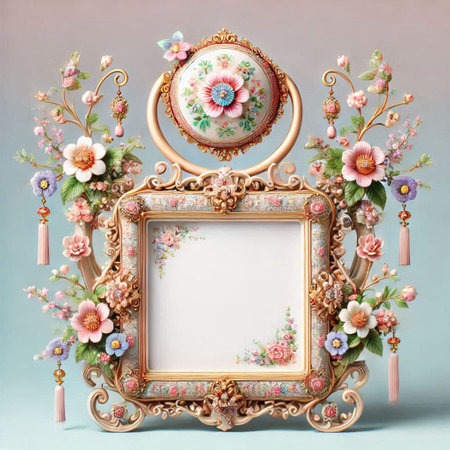 Vintage frame with floral ornament on pastel background. 3D rendering