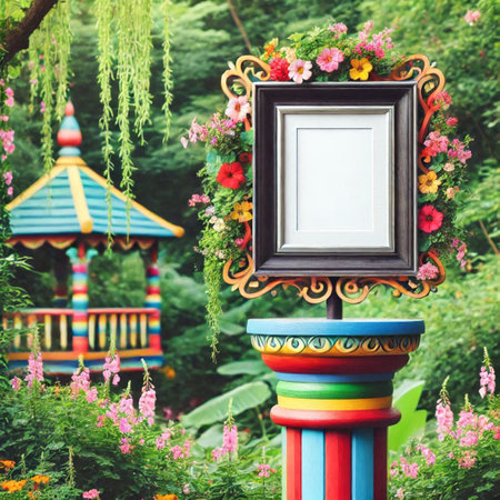 Blank photo frame with flower decoration in the garden - vintage filterの写真素材