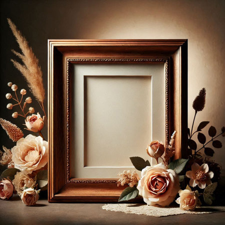 Wooden photo frame with flowers on dark background. Copy space.