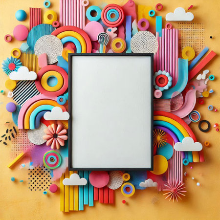Creative frame made of colorful paper objects on yellow background, top viewの写真素材