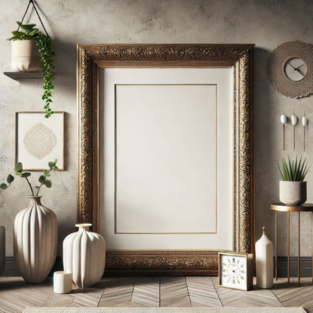 Mock up poster frame in interior background, 3D render illustration