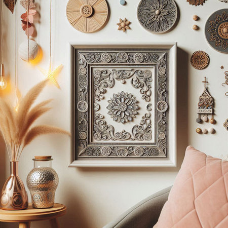 Stylish scandinavian interior design of living room with mock up poster framerative elements, armchair, lamp, pampas grass and elegant accessories. Modern home decor.の写真素材