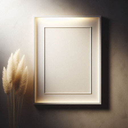 Blank picture frame mockup hanging on wall. 3d renderingの写真素材