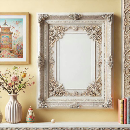 Vintage frame on the yellow wall with vase of flowers.の写真素材